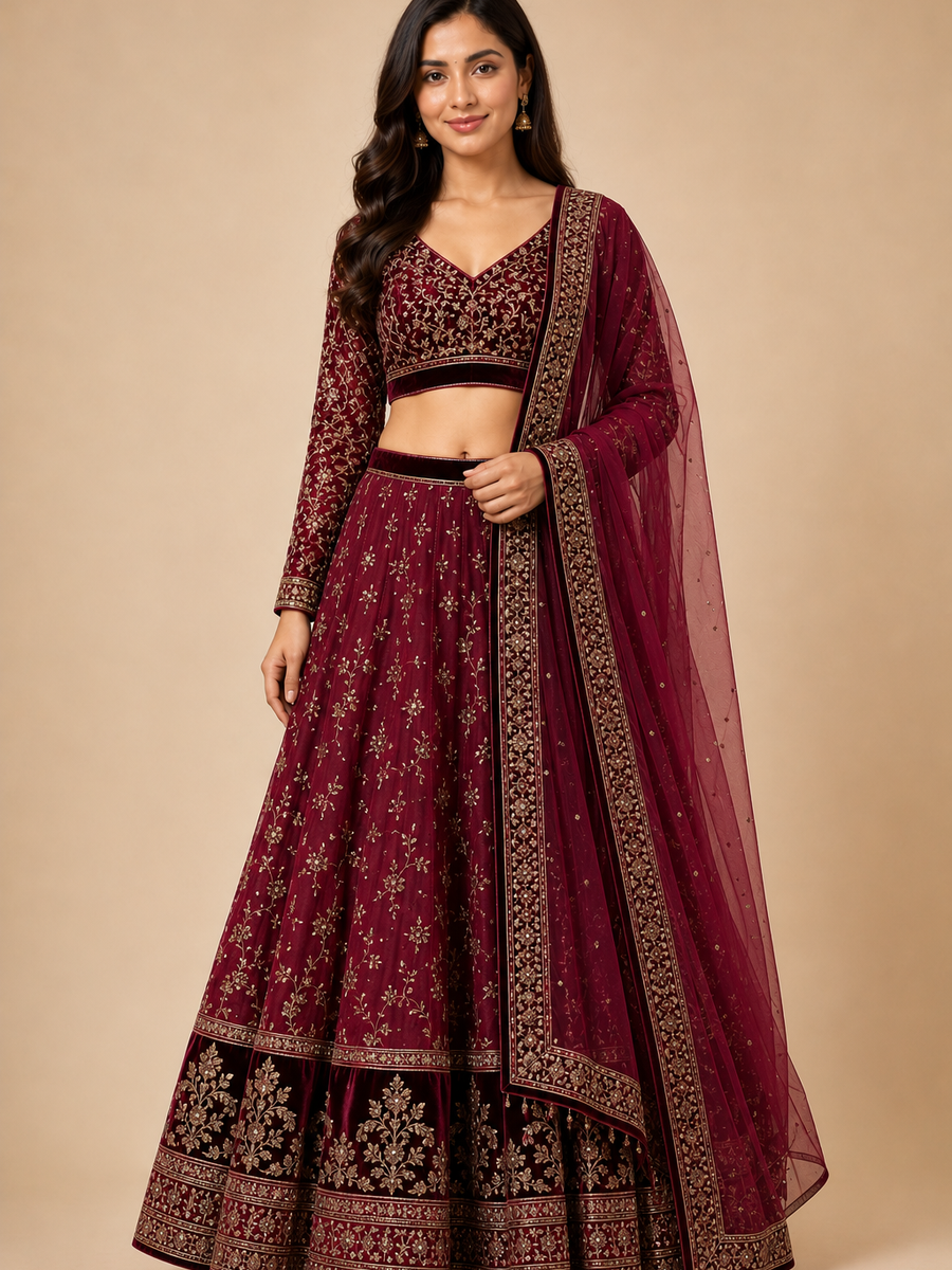 Velvet Border Lehenga Set