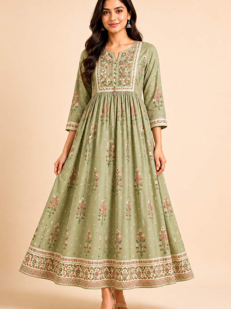 Yoke Gathered Ethnic Dress